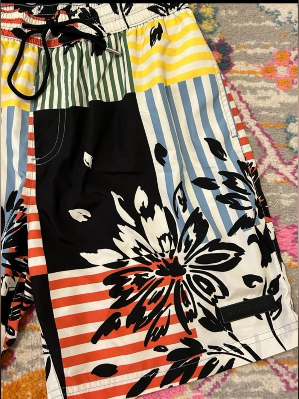 Burberry Floral Plaid Patchwork Printed Multicolor Stripe Swim Trunk Size Medium